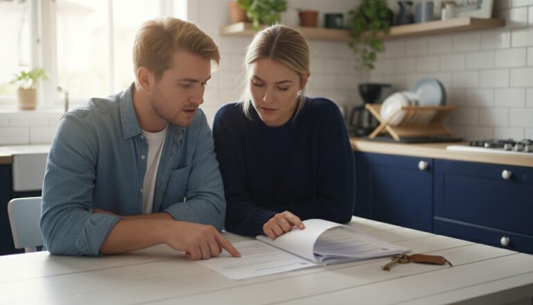 Young Australian couple reviewing home loan documents for the Australian Government 5% Deposit Scheme