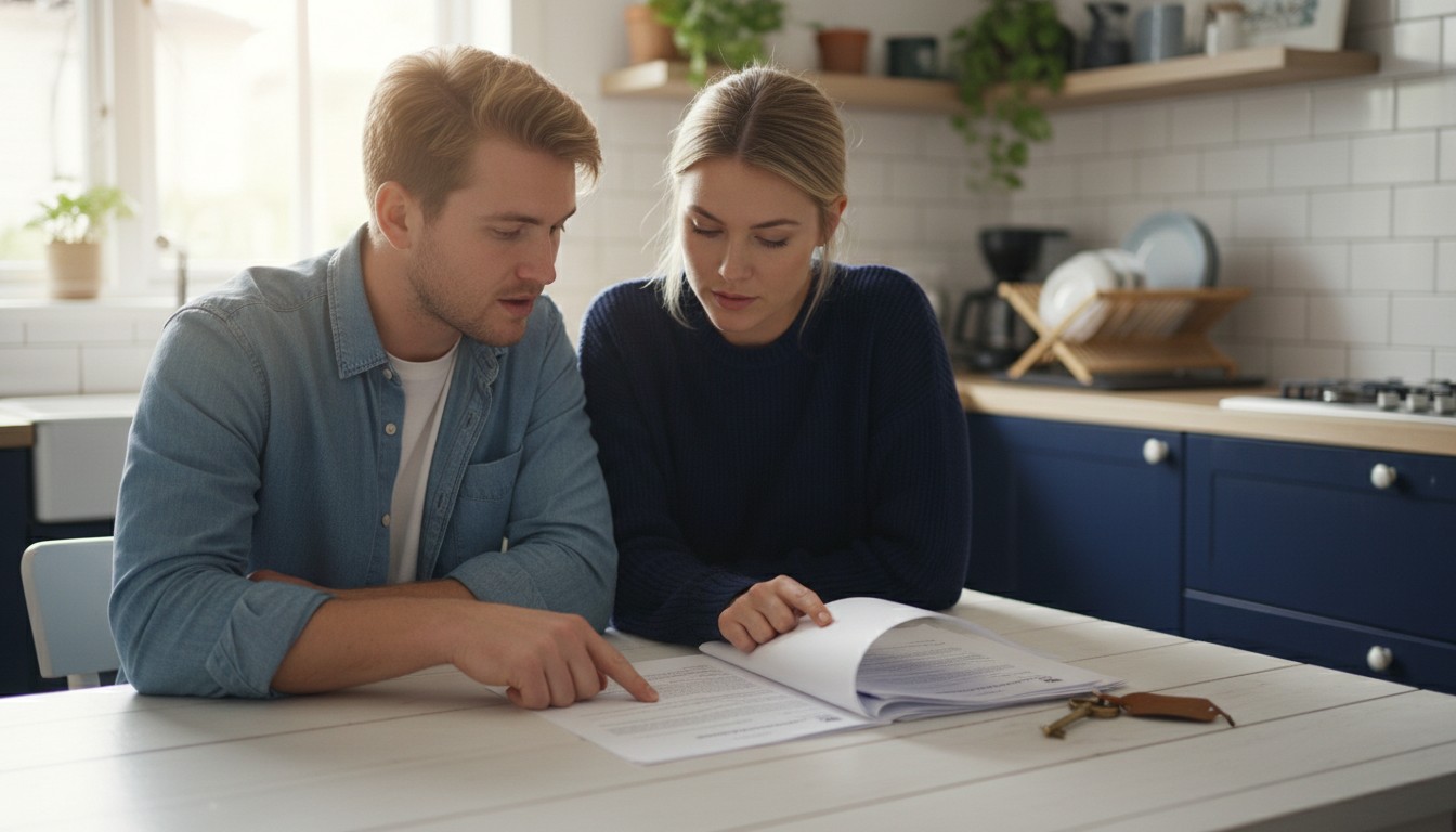 Young Australian couple reviewing home loan documents for the Australian Government 5% Deposit Scheme