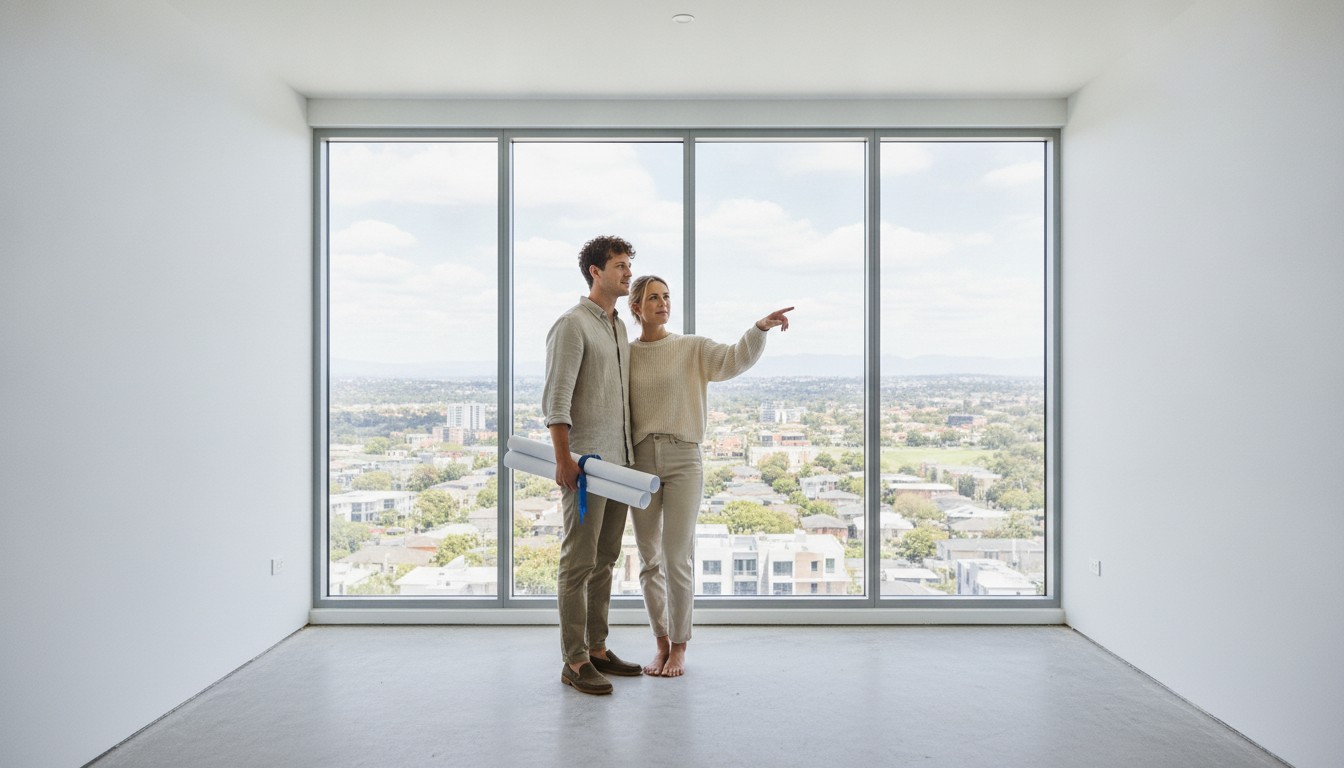 A young couple standing on the balcony of a newly built Western Sydney apartment looking at building plans