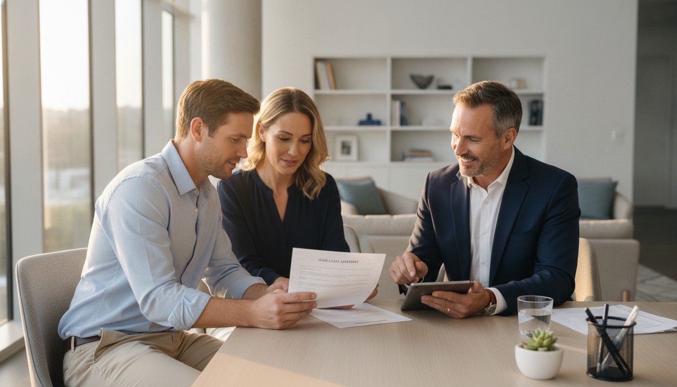 Mortgage broker explaining refinancing costs to an Australian couple at a desk