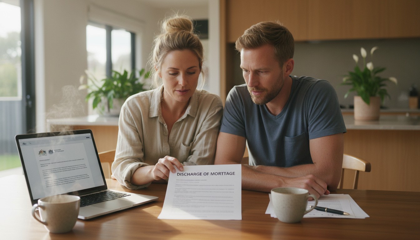 Australian couple reviewing mortgage discharge paperwork at kitchen table