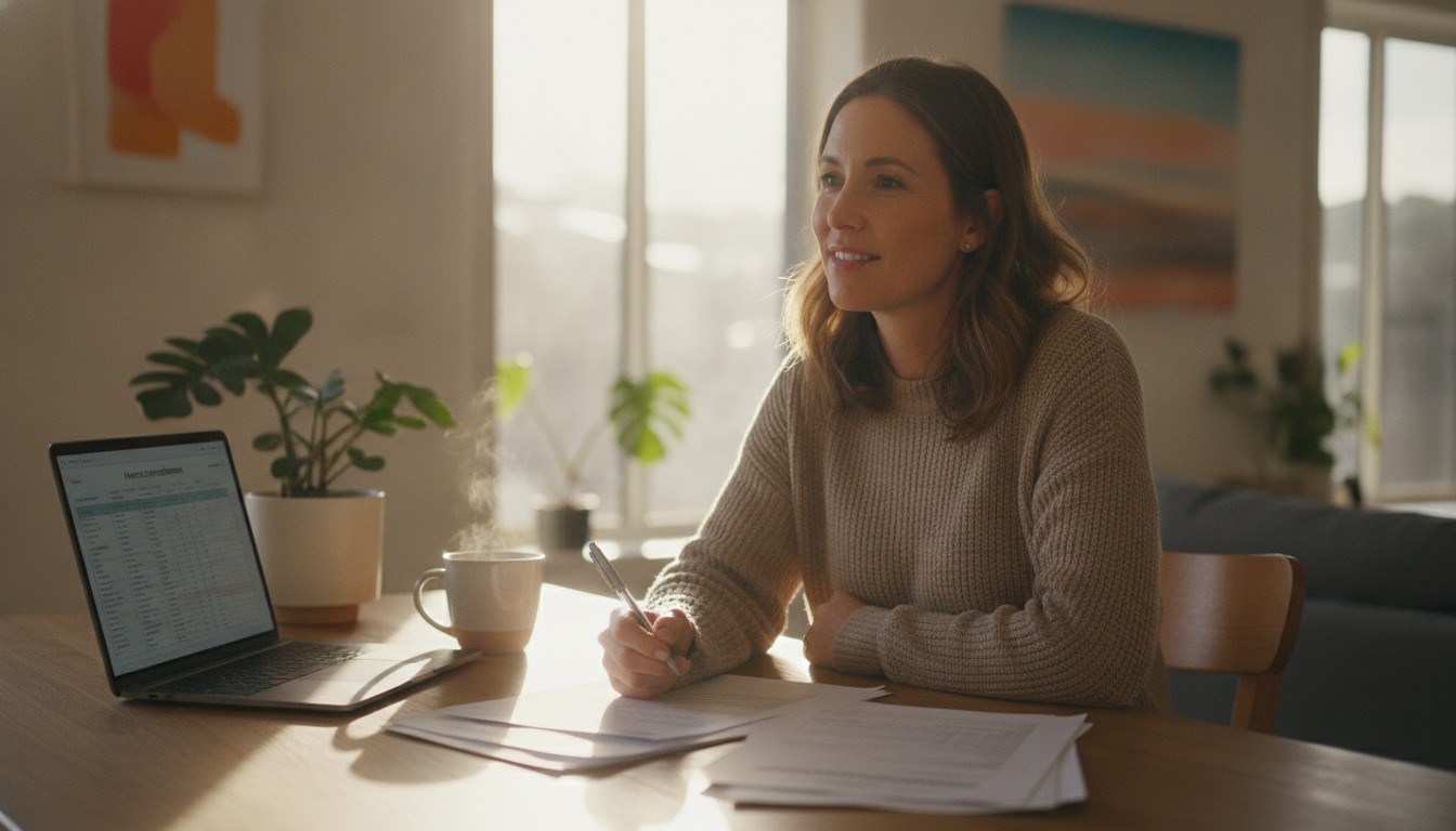 Australian teacher reviewing home loan paperwork at her kitchen table in afternoon light