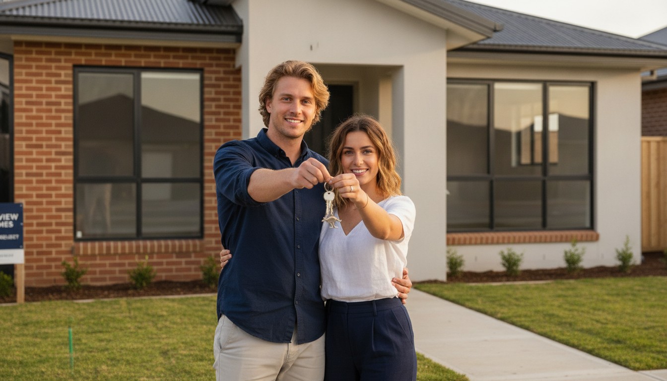 Young Australian couple with keys outside a new-build home eligible for the first home owners grant