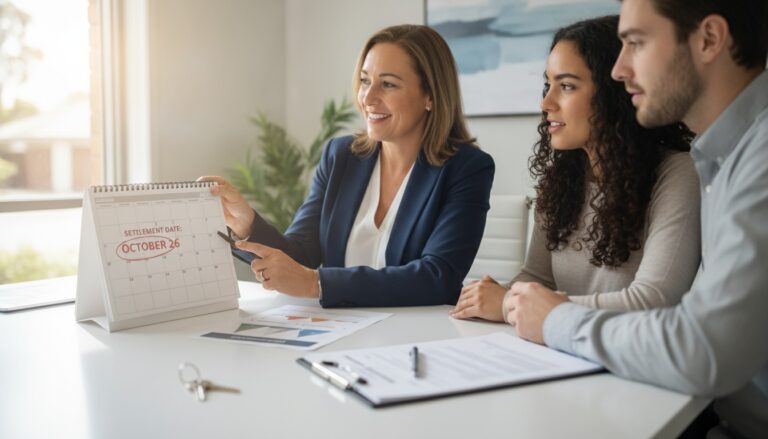 Mortgage broker explaining the home loan approval and settlement timeline to a couple