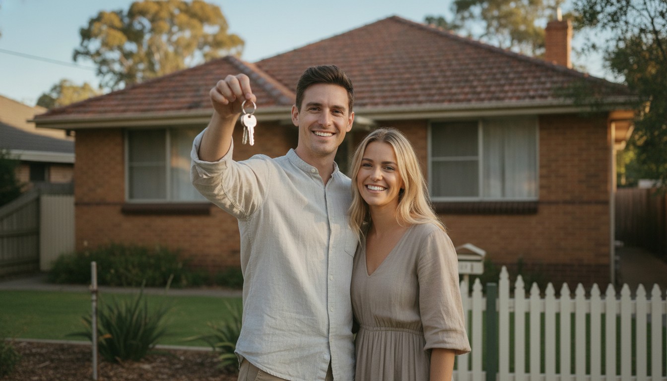 First home buyer stamp duty exemption NSW: couple with keys outside their first home