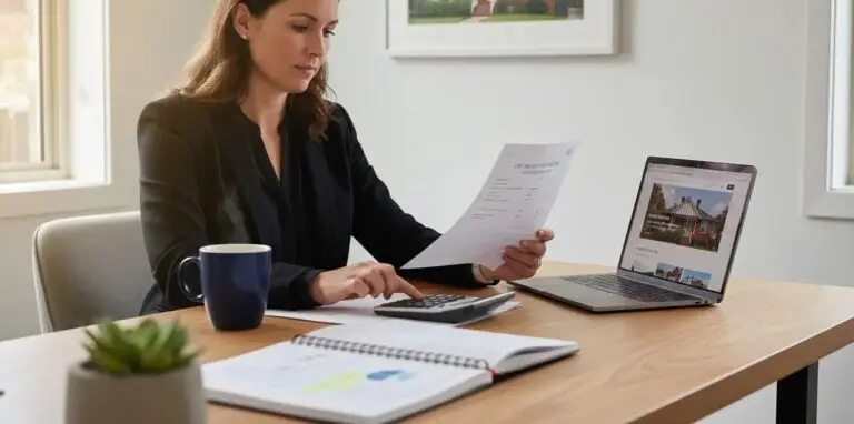 Property investor checking a NSW land tax assessment notice with a calculator and laptop